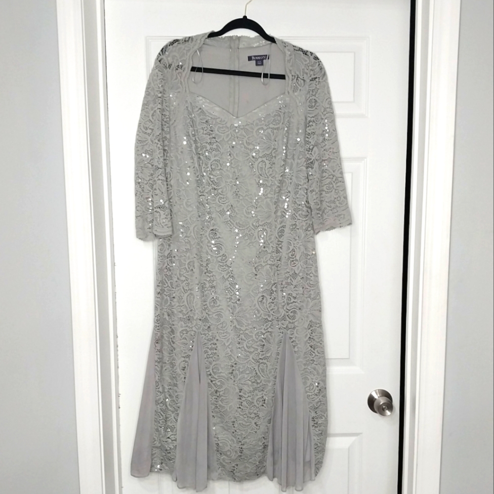 Gray lace Roaman's formal dress with chiffon insert in the skirt. Size 14 W